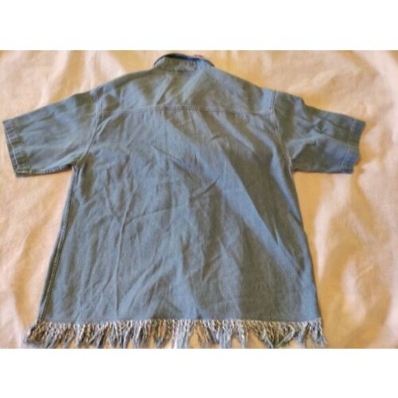 Vintage American Flag Denim Shirt Size Medium Fringe Trim Patriotic - Picture 9 of 12